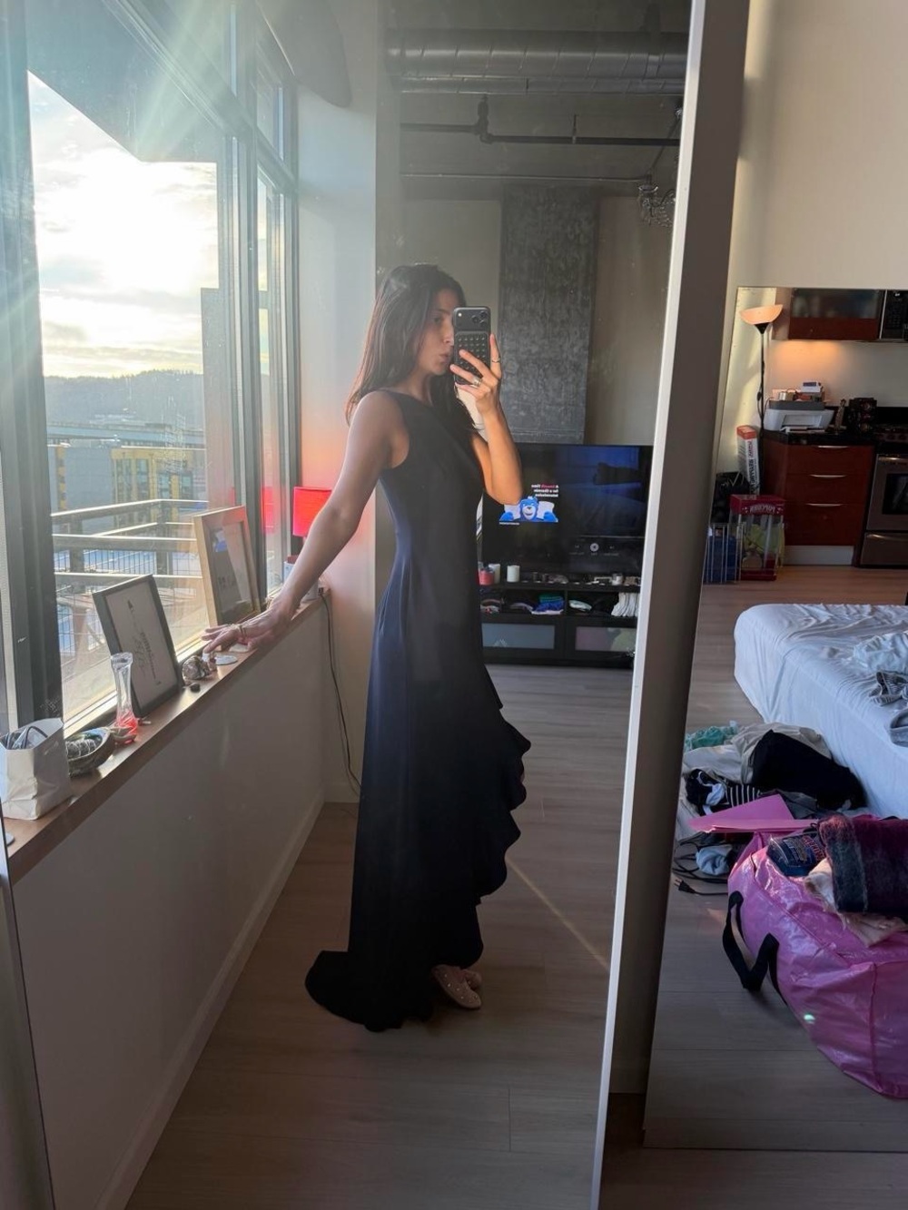 Calvin Klein Blue Sleeveless Mermaid Gown with Front Ruffle Slit - Picture 4 of 7